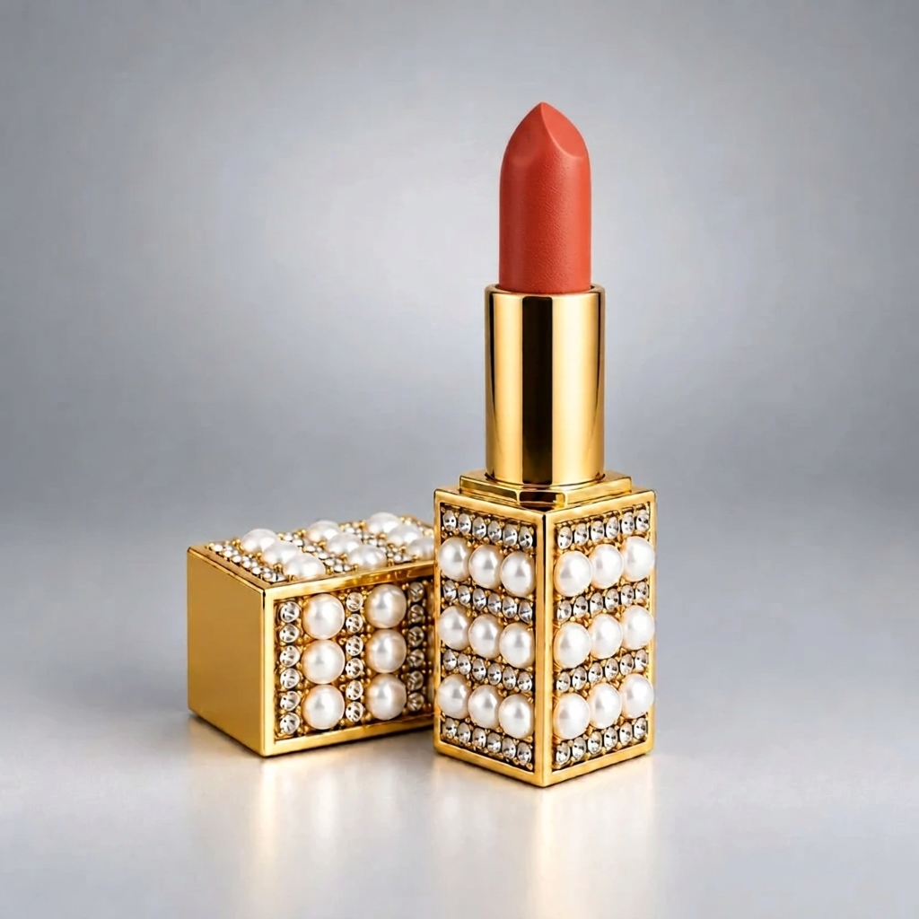 Lipstick bullet matched to the coral-orange lips reference